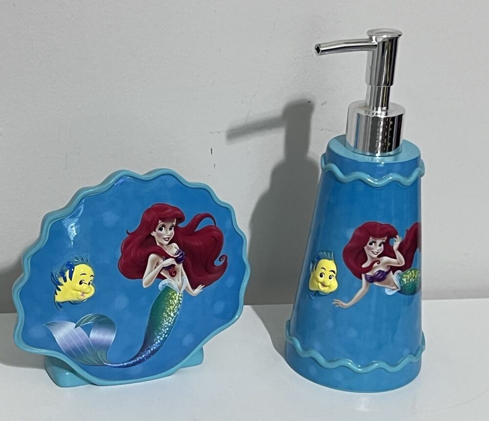Disney Little Mermaid Lotion/Soap Pump & Toothbrush Holder Set Ariel Flounder